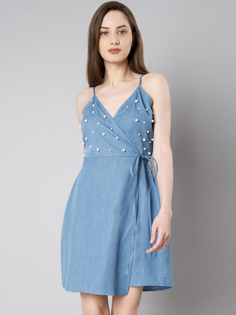 

FabAlley Women Blue Solid Wrap Dress