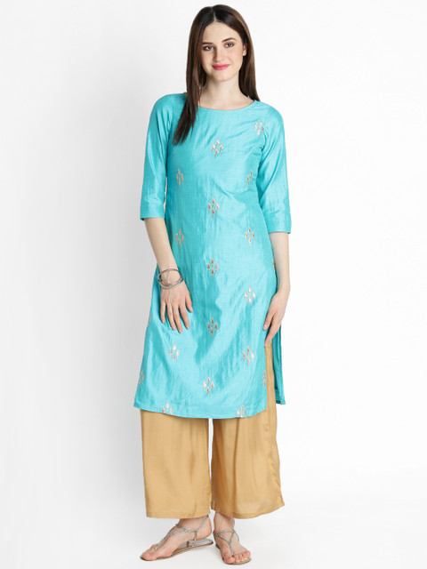 

TRISHAA BY PANTALOONS Women Teal Blue Woven Design Straight Kurta