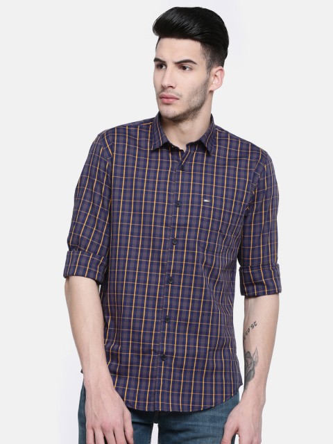 

Peter England Casuals Men Blue & Yellow Slim Fit Checked Casual Shirt