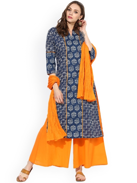 

Sangria Women Navy Blue & Orange Printed Kurta with Palazzos & Dupatta