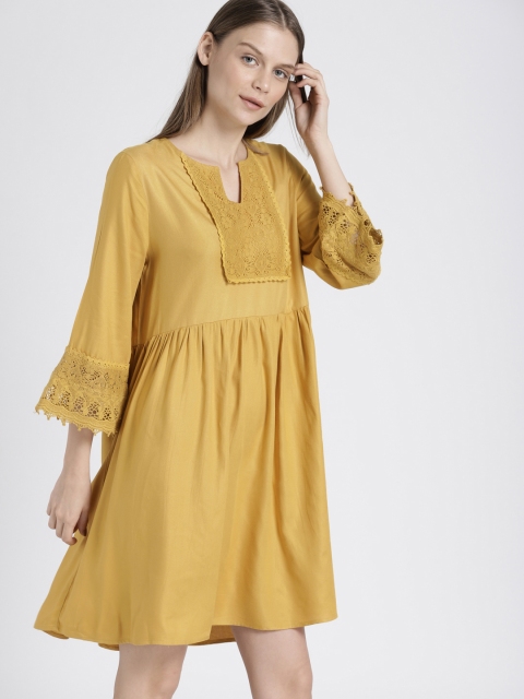 

Chemistry Women Mustard Yellow Solid A-Line Dress
