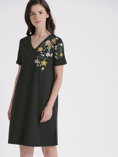 

Chemistry Women Black Self Design A-Line Embroidered Dress