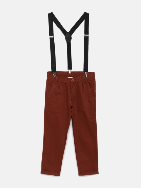 

YK Boys Maroon Regular Fit Solid Chinos with Suspenders