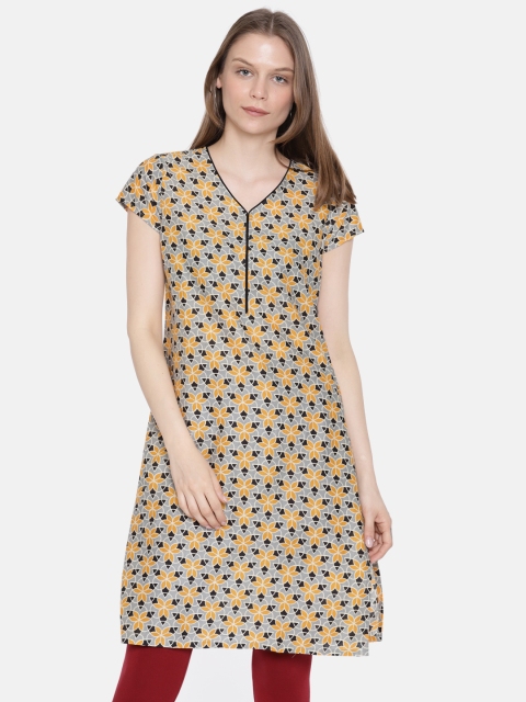 

Melange by Lifestyle Women Grey & Yellow Printed Straight Kurta