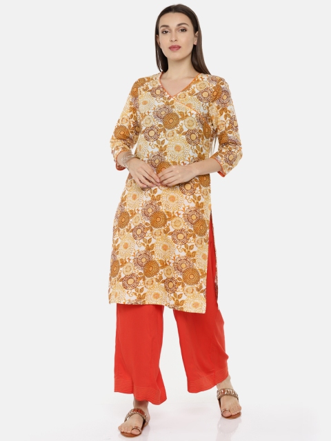 

Melange by Lifestyle Women Orange & White Printed Straight Kurta