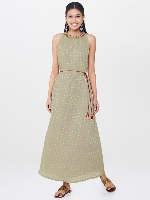 

Global Desi Women Grey Printed A-Line Maxi Dress