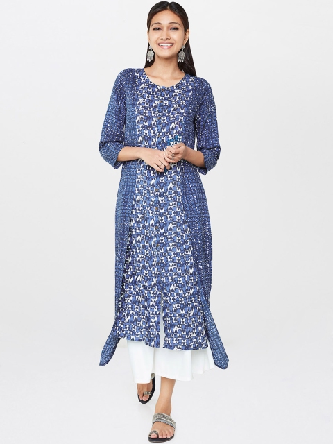 

Global Desi Women Blue Printed Asymmetrical Hem A-Line Kurta