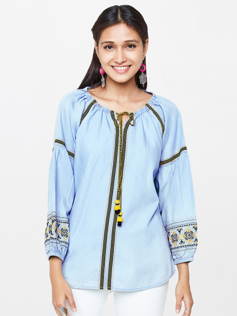 

Global Desi Women Blue Self Design Top