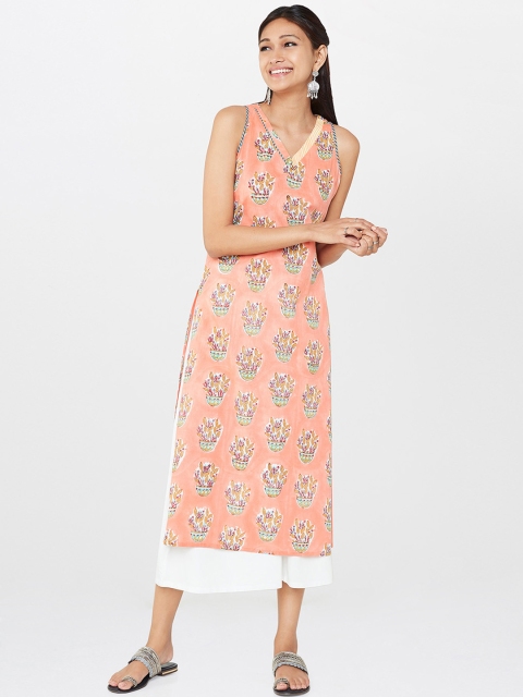 

Global Desi Women Peach Printed A-Line Kurta