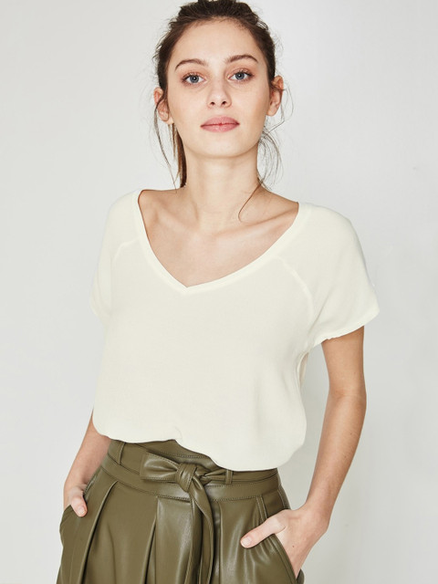 

promod Women White Solid V-Neck Top