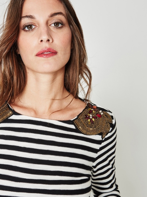 

promod Women White Striped Round Neck T-shirt