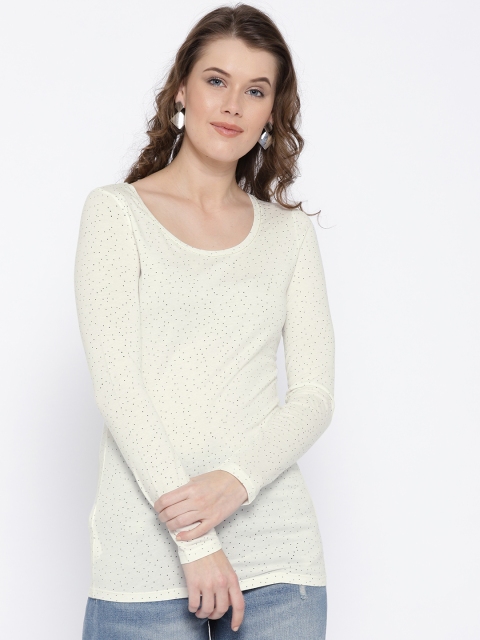 

promod Women White Printed Round Neck T-shirt