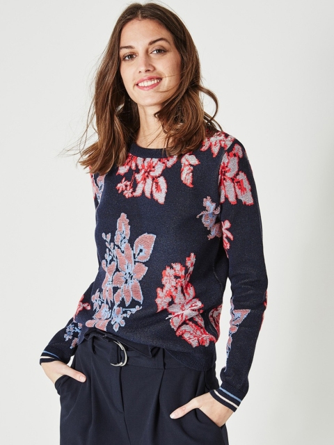 

promod Women Navy Blue & Pink Printed Pullover