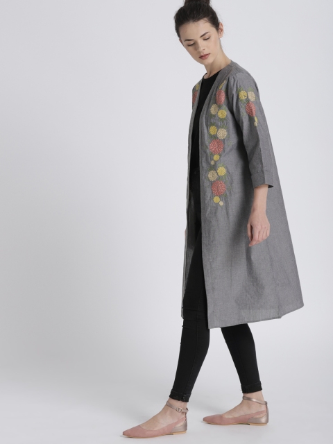 

Chemistry Grey Embroidered Open Front Longline Shrug