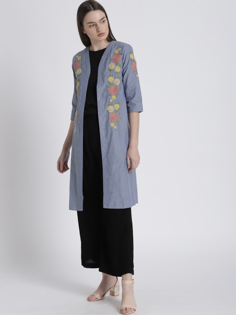 

Chemistry Blue Floral Embroidered Open Front Shrug