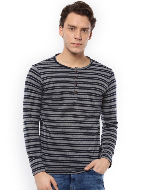 

People Men Navy Blue Striped Henley Neck T-shirt