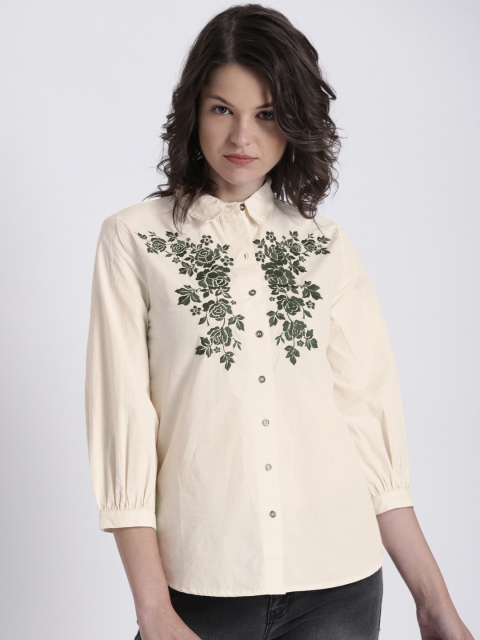 

Chemistry Women Cream-Coloured & Olive Green Embroidered Casual Shirt