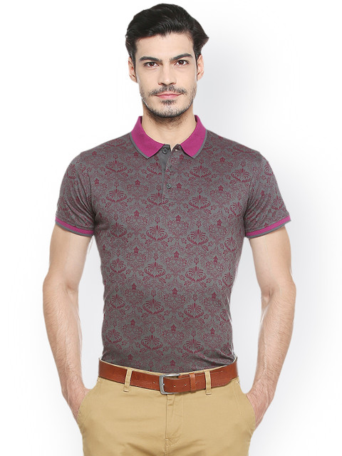 

V Dot Men Grey Self Design Polo Collar T-shirt