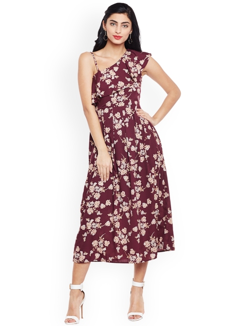 

Oxolloxo Women Burgundy Printed One Shoulder Fit and Flare Dress
