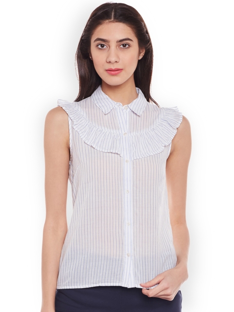 

Oxolloxo Women White & Blue Comfort Regular Fit Striped Casual Shirt