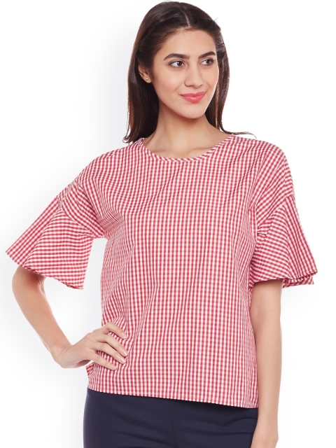 

Oxolloxo Women Red & White Checked Pure Cotton Top