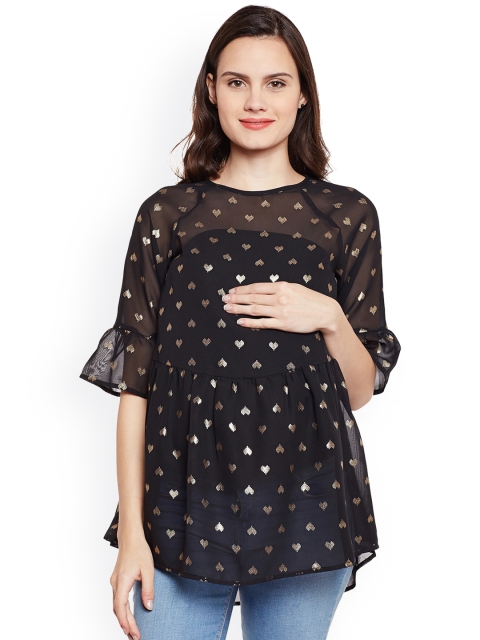 

Oxolloxo Women Black & Gold-Toned Printed Sheer Maternity Empire Top