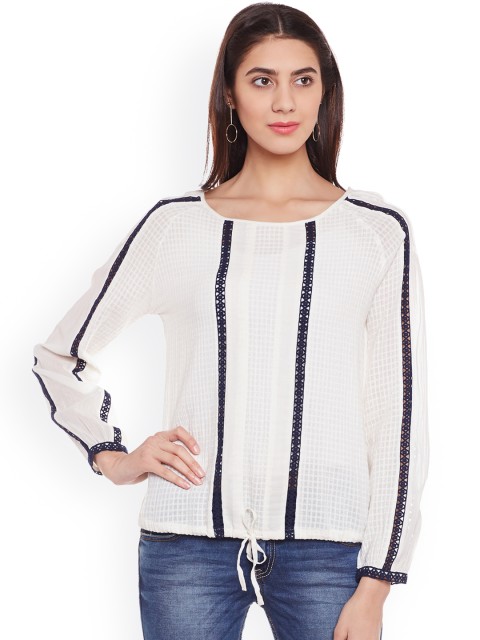 

Oxolloxo Women White & Navy Blue Self-Design Top