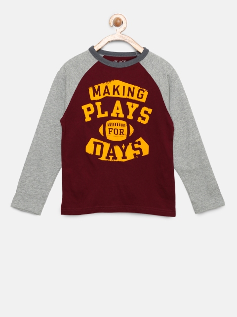 

The Childrens Place Boys Maroon & Grey Melange Printed Round Neck T-shirt