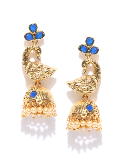 

Priyaasi Blue Gold-Plated Stone-Studded Peacock Shaped Handcrafted Jhumkas