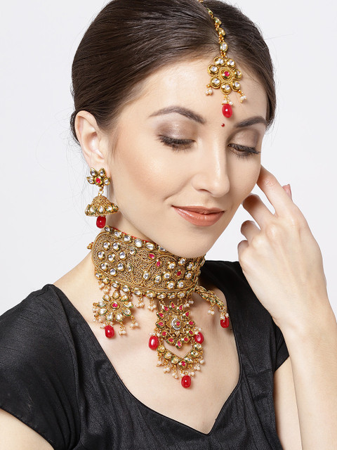 

Priyaasi Gold-Toned & Red Kundan-Studded Choker Jewellery Set