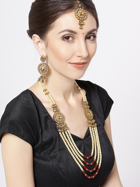 

Priyaasi Off-White & Maroon Beaded Layered Jewellery Set