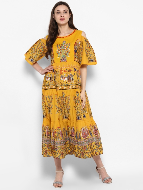 

Juniper Women Mustard Printed Fit and Flare Dress