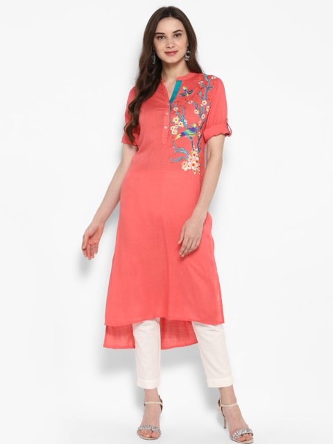 

Juniper Women Coral Dobby Embroidered Straight Kurta