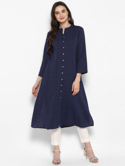 

Juniper Women Navy Blue & White Woven Design A-Line Kurta