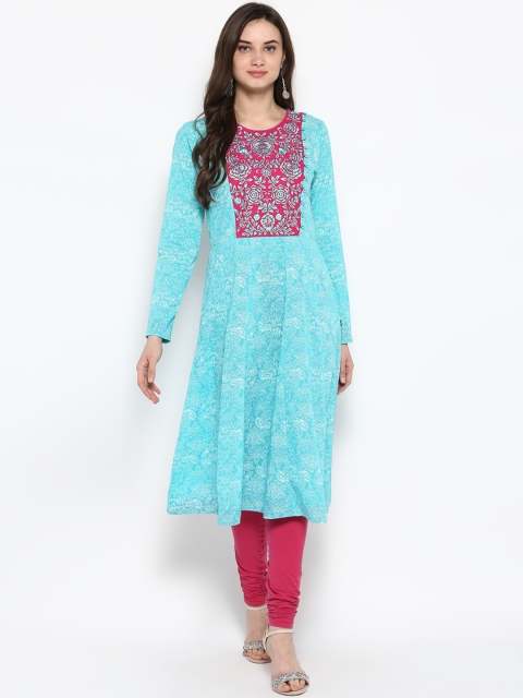 

Juniper Women Turquoise Blue & Magenta Embroidered Anarkali Kurta