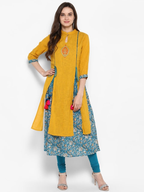 

Juniper Women Mustard & Teal Printed A-Line Kurta