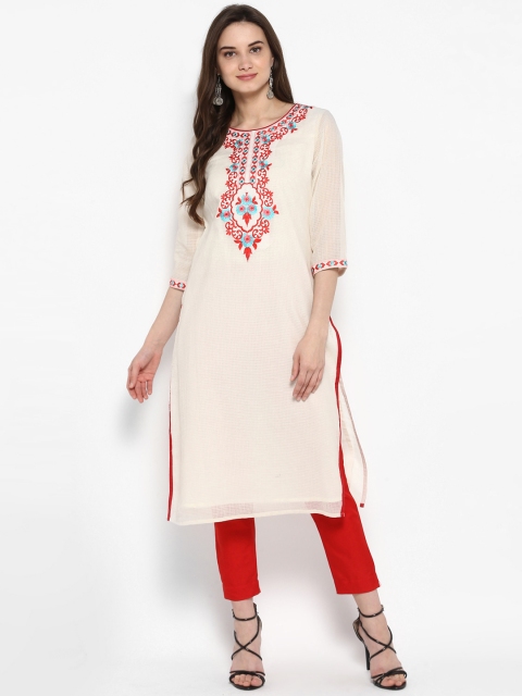 

Juniper Women Off-White & Red Embroidered Straight Kurta