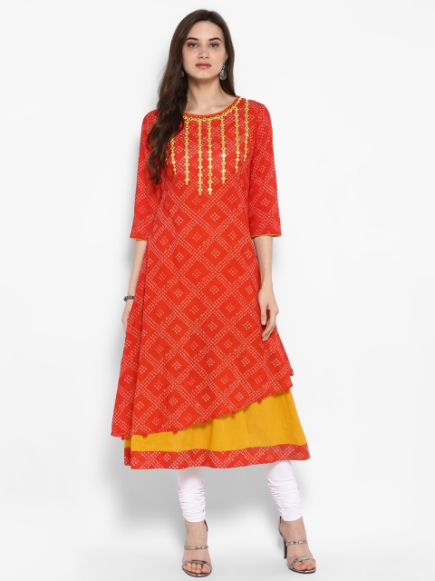 

Juniper Women Orange & Yellow Yoke Design A-Line Kurta