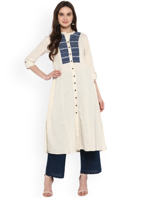 

Juniper Women Cream-Coloured & Navy Blue Embroidered A-Line Kurta