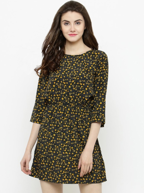 

Sera Women Black & Yellow Printed Fit and Flare Dress