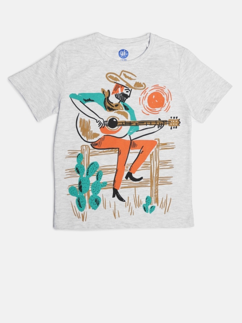 

YK Boys Grey Melange Printed Round Neck T-shirt