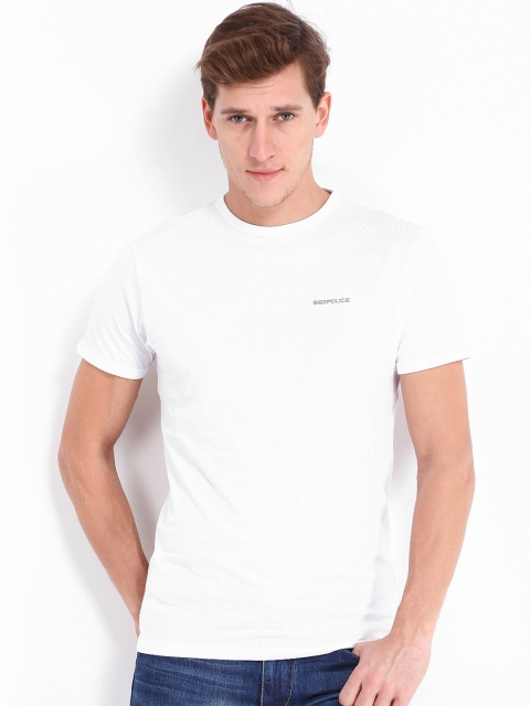 

883 Police Men White Solid Round Neck T-shirt