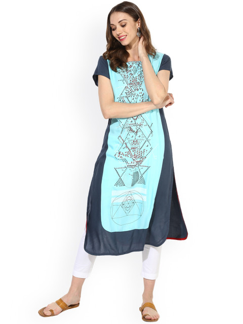 

Sangria Women Turquoise Blue Printed A-Line Kurta