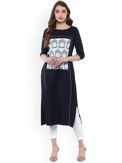 

ZIYAA Women Navy Blue Printed Straight Kurta