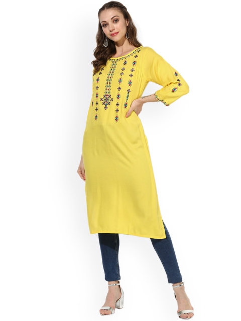 

Sangria Women Yellow Embroidered Straight Kurta