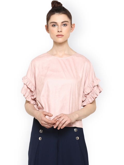 

Kazo Women Pink Solid Ruffled Boxy Top