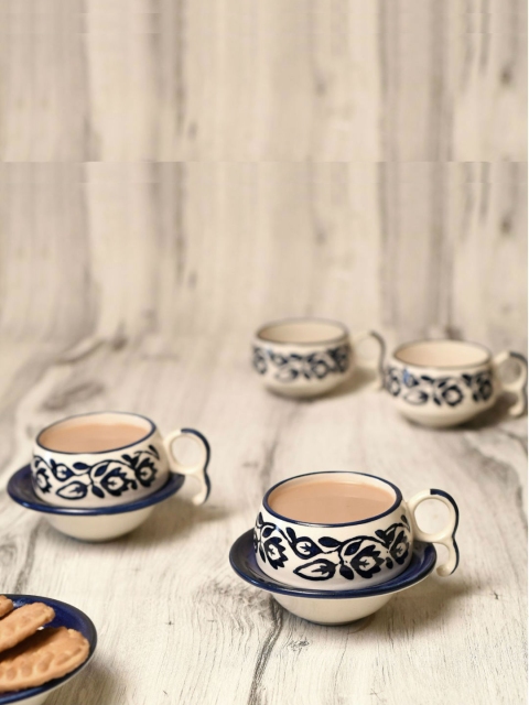 

Unravel India Off-White & Blue Set Of 6 Printed Ceramic Cups and Saucers Set