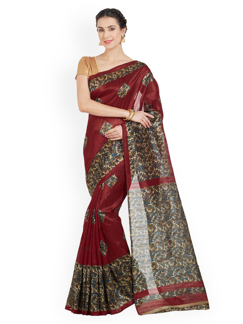 

Lehja Maroon & Teal Polycotton Printed Saree