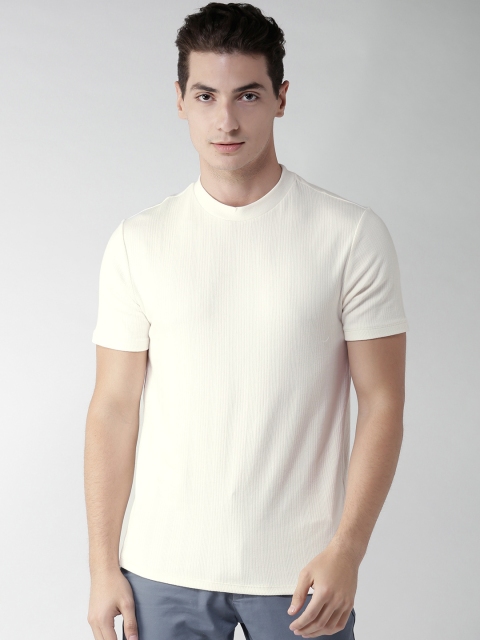 

FOREVER 21 Men Off-White Self-Striped Round Neck T-shirt