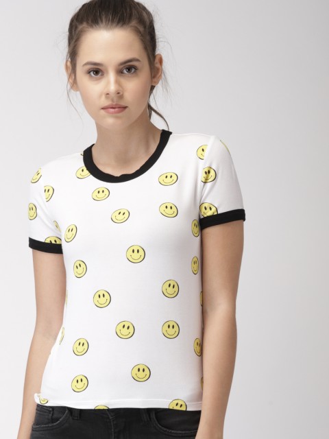 

FOREVER 21 Women White Printed Round Neck T-shirt